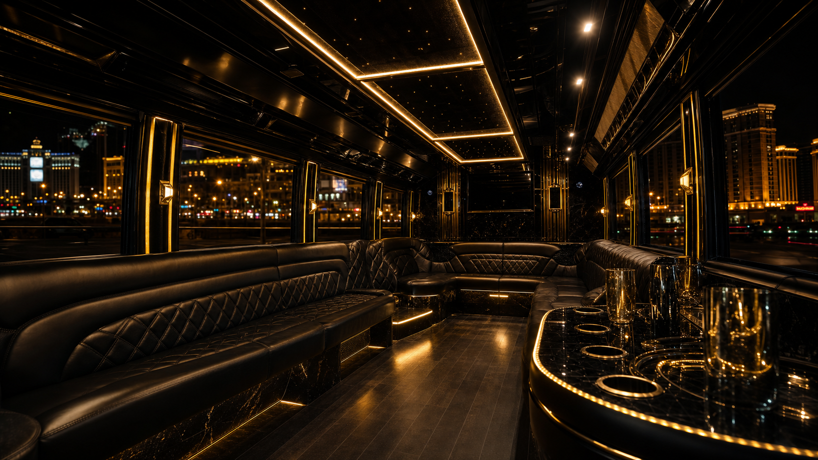 Black and gold party bus lounge interior