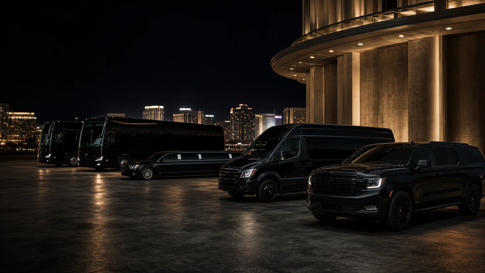 Lineup of black luxury transportation vehicles in a Las Vegas forecourt