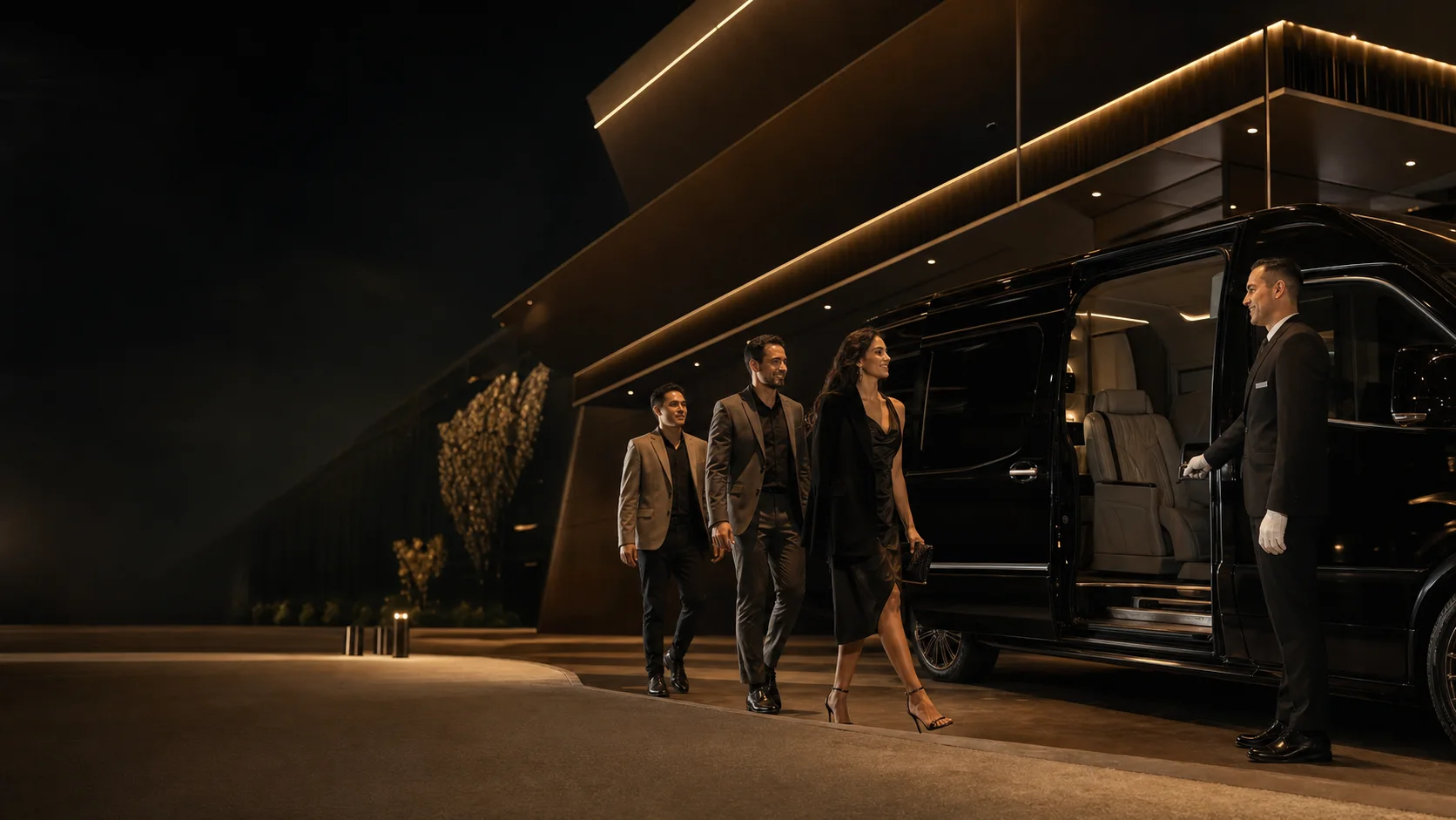 Professional driver welcoming guests to a black executive van in Las Vegas